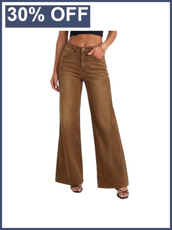 Denim - Wide Leg High Waisted Baggy Jeans Cotton Blend Stretch Denim
